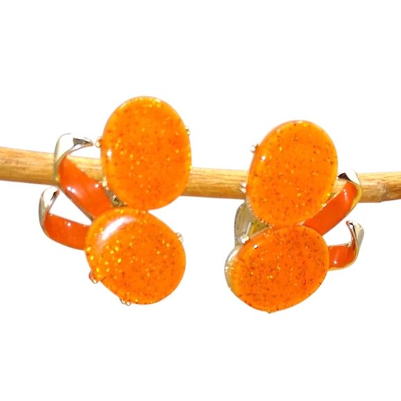 Mod Orange Glitter Lucite Earrings, Unique Sparkle Vintage Clip Ons - Picture 1 of 3
